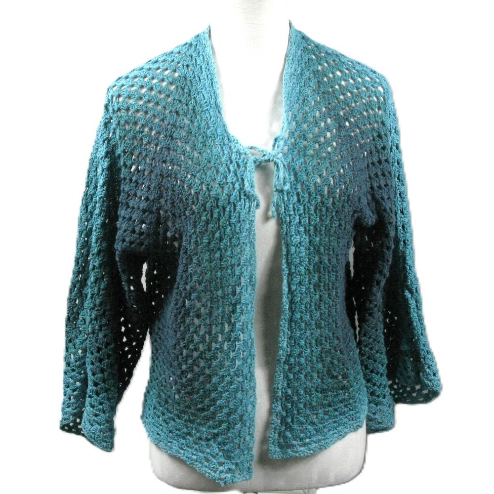 Unbranded Teal Ombre Crochet Tie Front Boho Cardigan Sweater OS